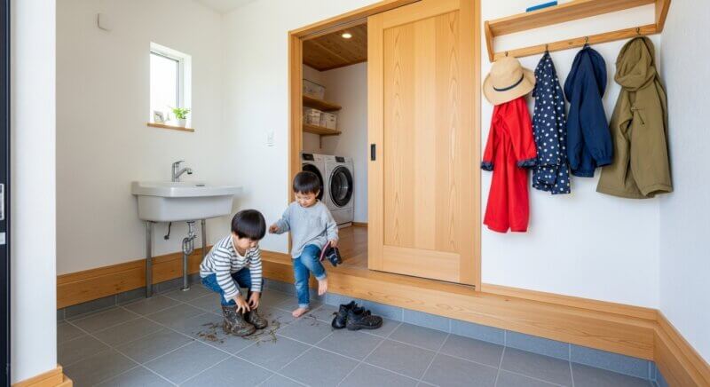 公園が好きな家族のための“帰宅後泥んこ対策”：玄関計画の工夫